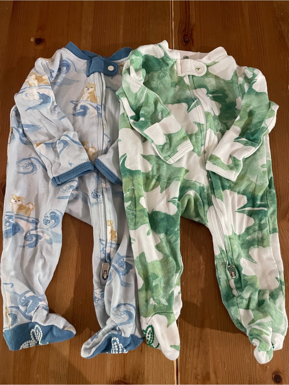 Burt's Bees Baby Footed One-Piece in Green shamrocks & Light Blue Wave Print